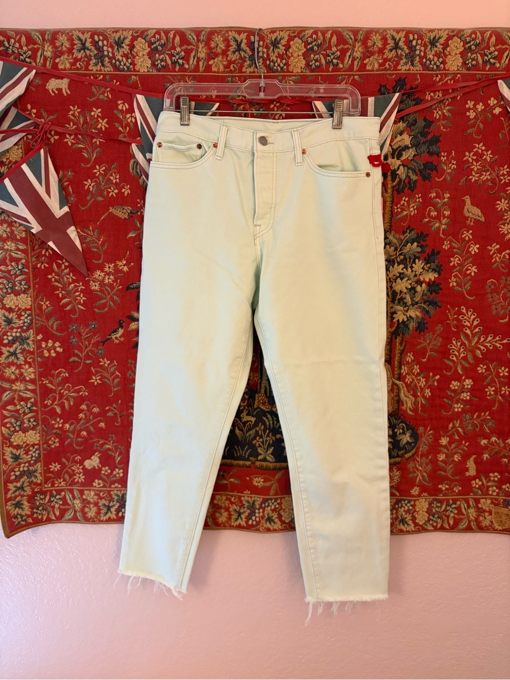 Light Green 100% Cotton High Waisted Ankle Jeans with Vintage Red Pom Trim - Picture 3 of 10